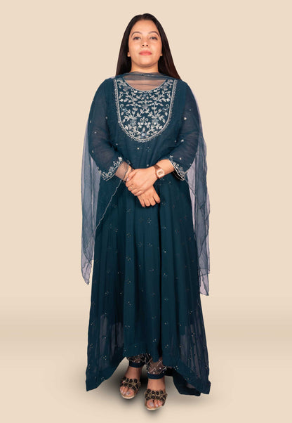 Hand Embroidered High Low Style Georgette Anarkali Suit Set in Midnight Blue