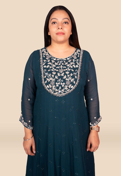 Hand Embroidered High Low Style Georgette Anarkali Suit Set in Midnight Blue
