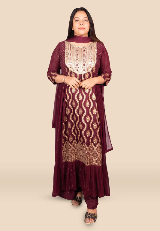 Embroidered Silk Georgette Suit Set in Purple