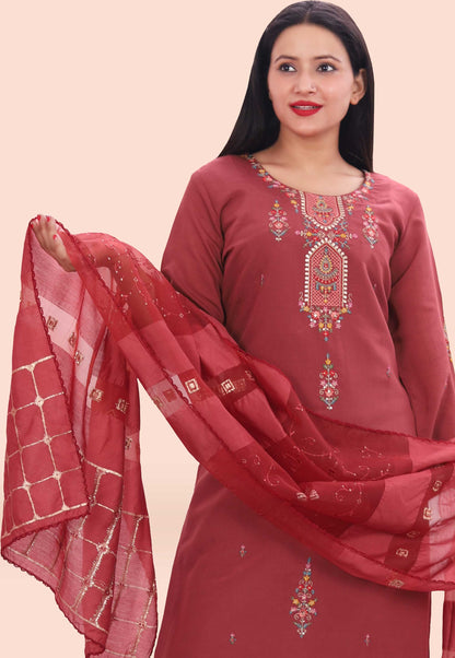 Embroidered Cotton Silk Suit Set With Zari Woven Dupatta in Red
