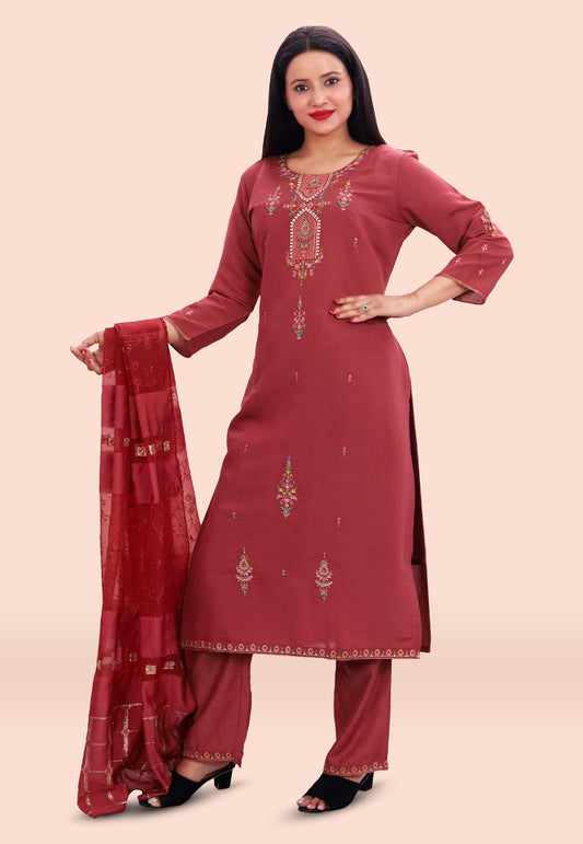 Graceful Cotton Silk Red Thread Work Suit with Zari Woven Dupatta