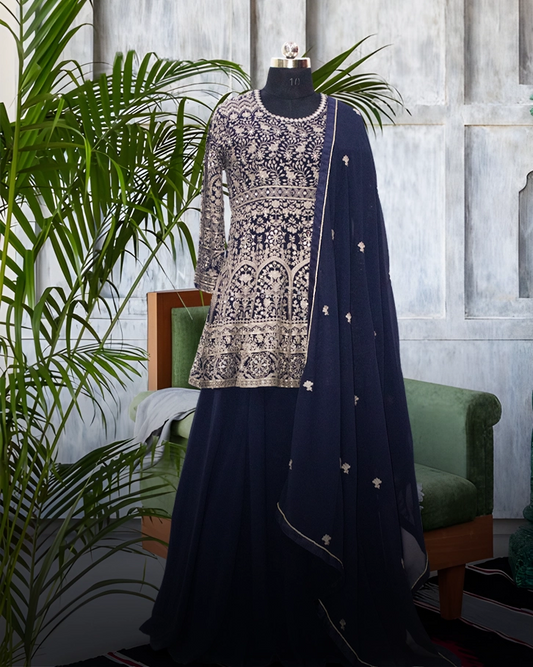 Embroidered Georgette  Skirt Suit Set in Navy Blue