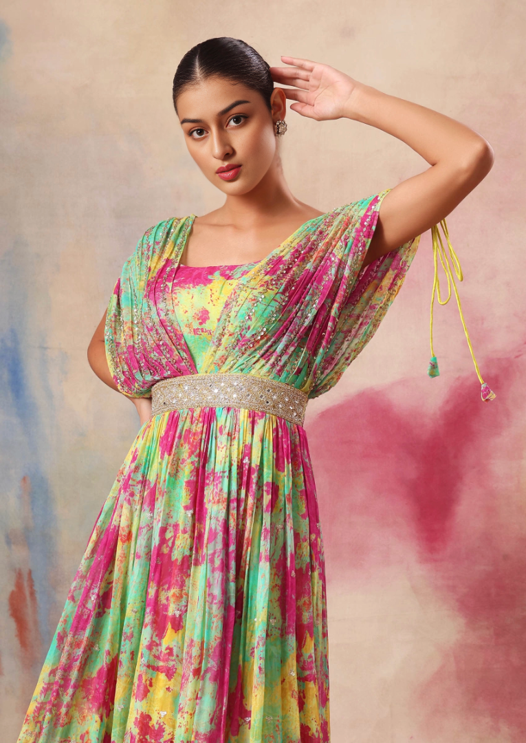 Hand Embroidered Georgette Flared Gown in Multicolor