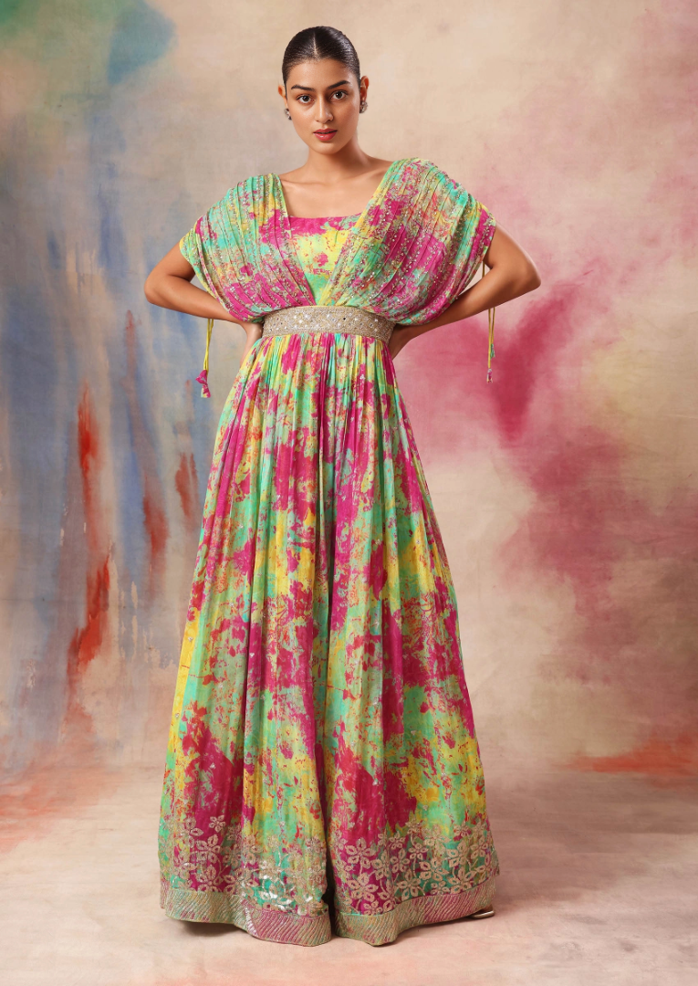 Hand Embroidered Georgette Flared Gown in Multicolor